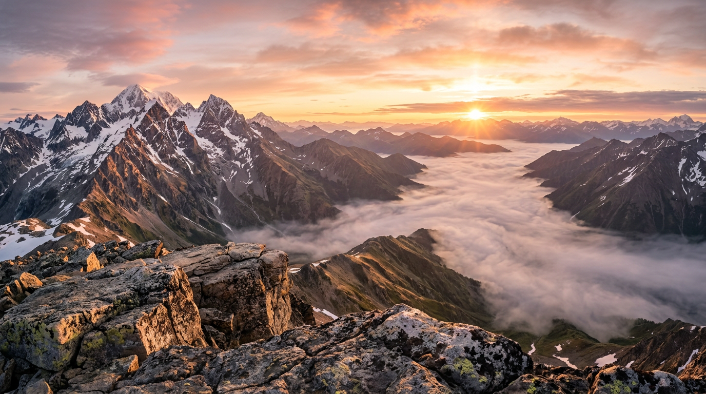 Sunrise over northern mountain peaks