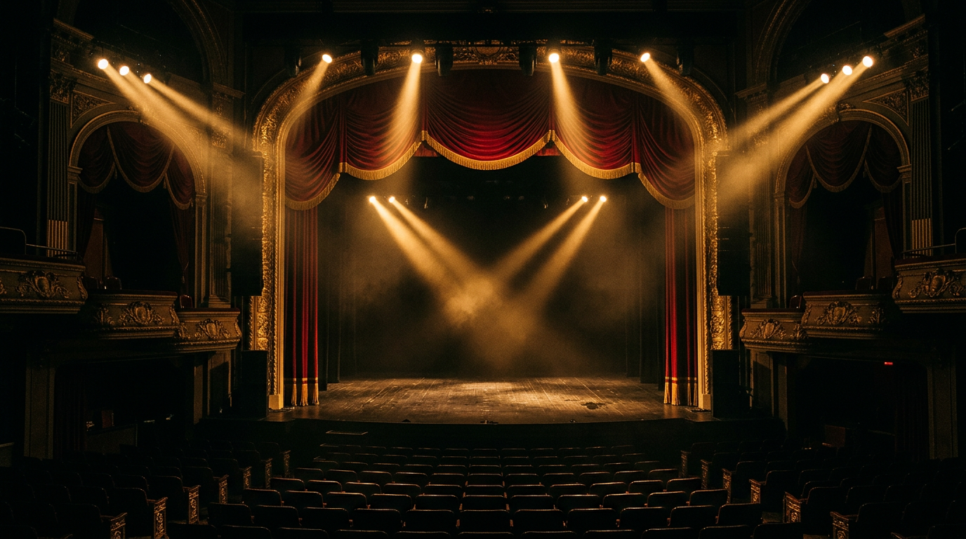 Empty Broadway stage bathed in golden spotlight, waiting for a performer
